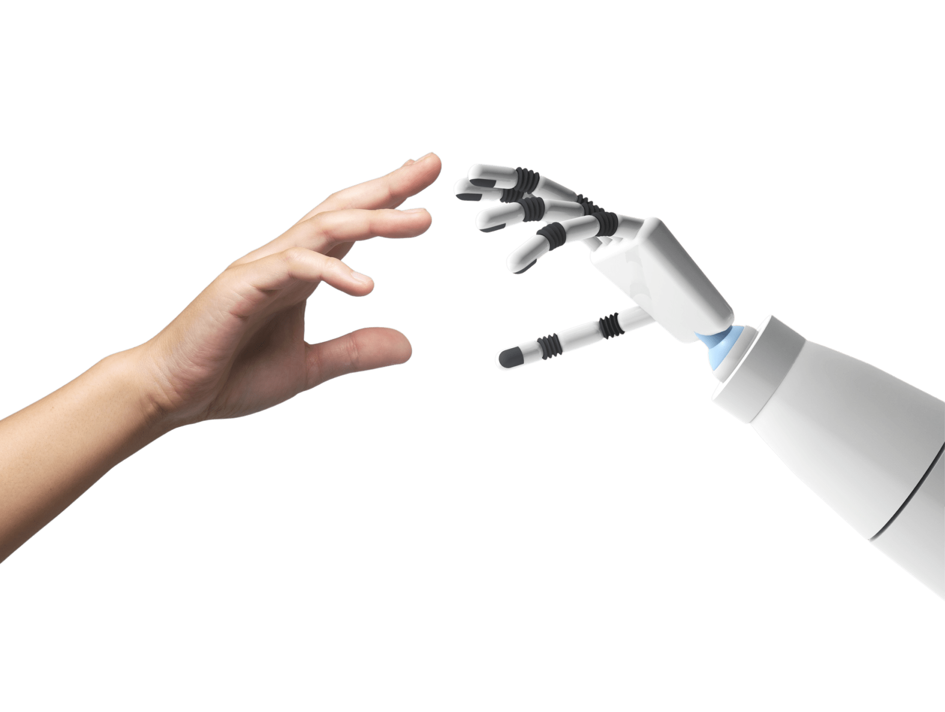 Human hand reaching out to touch a robotic hand