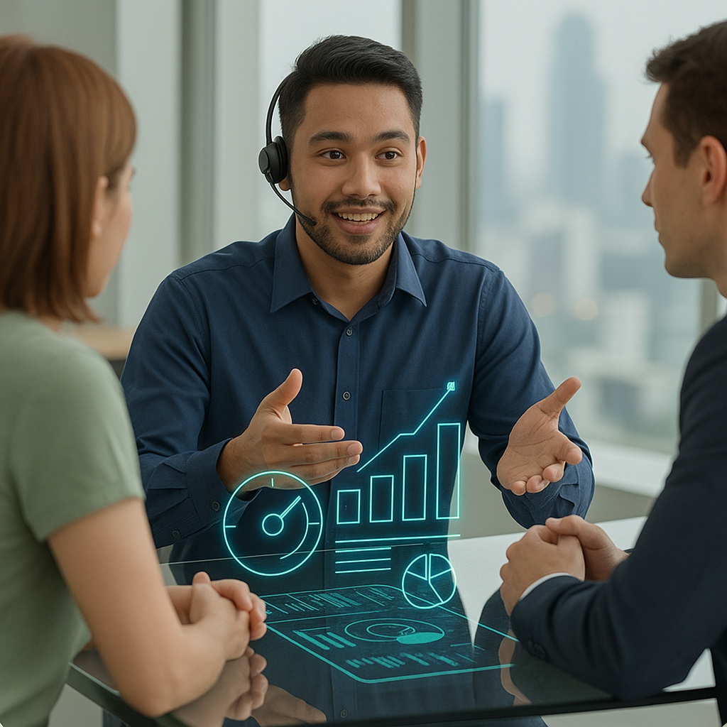 Consultation with financial charts overlay