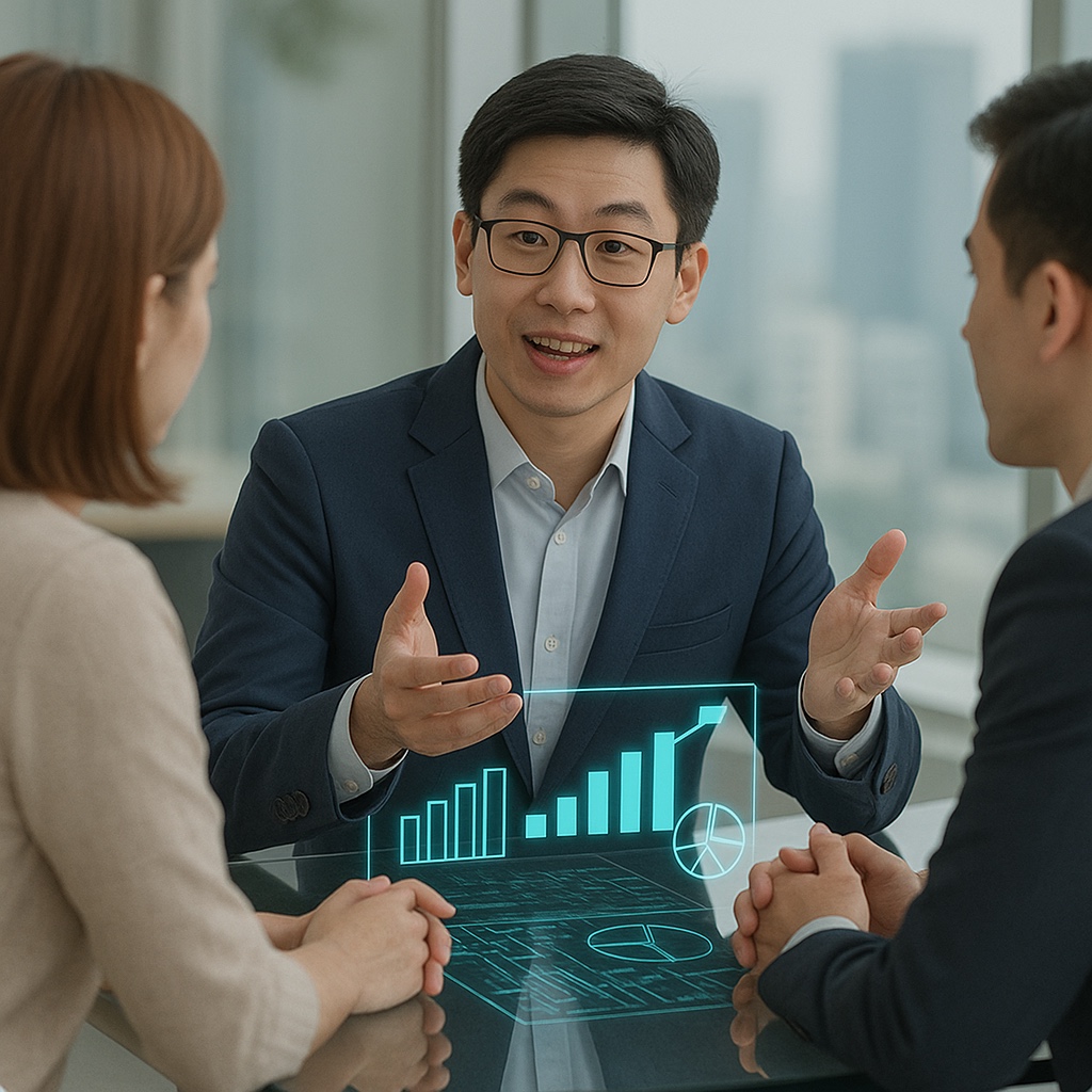 Consultation with financial charts overlay