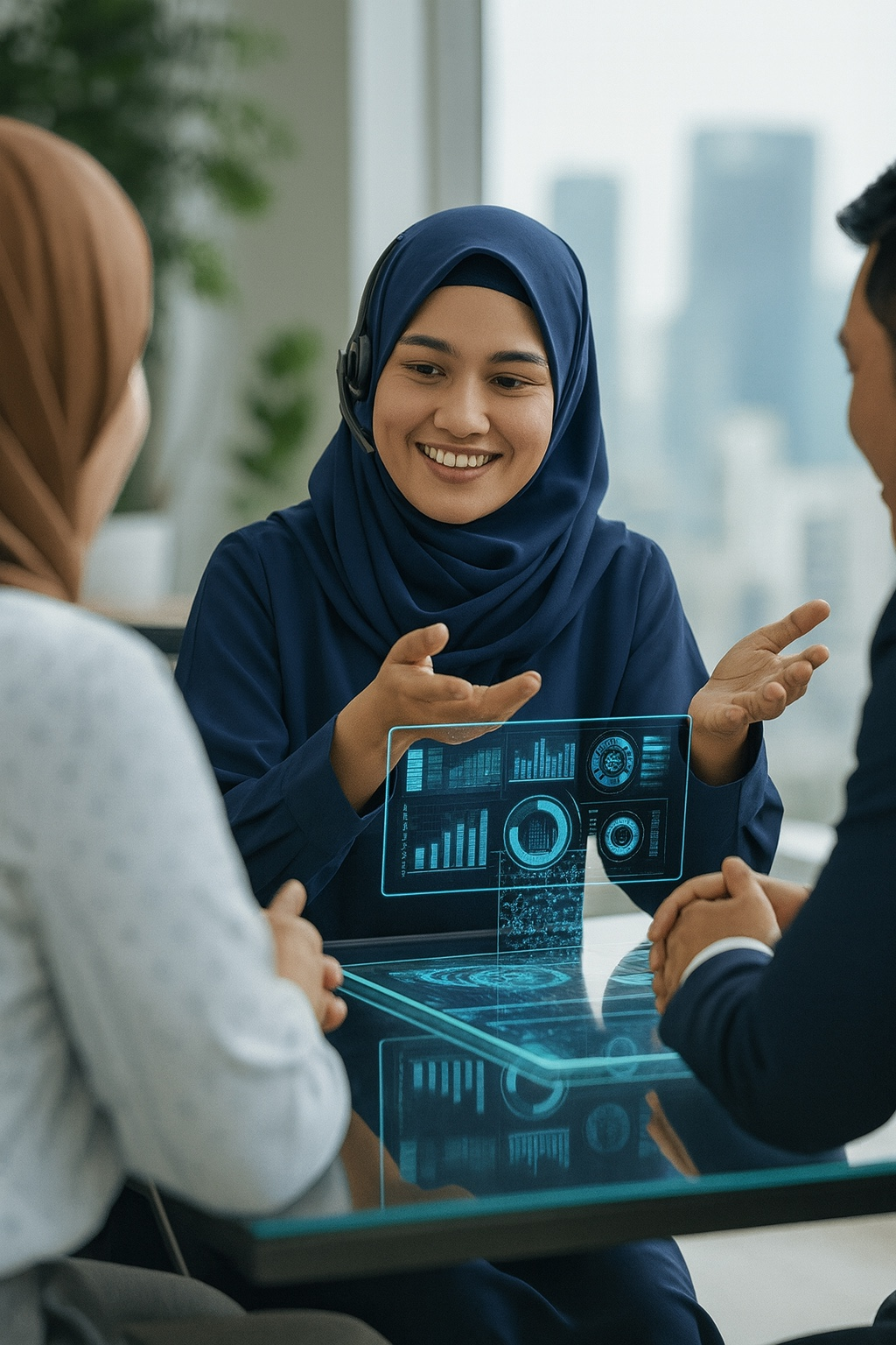 Consultation with financial charts overlay